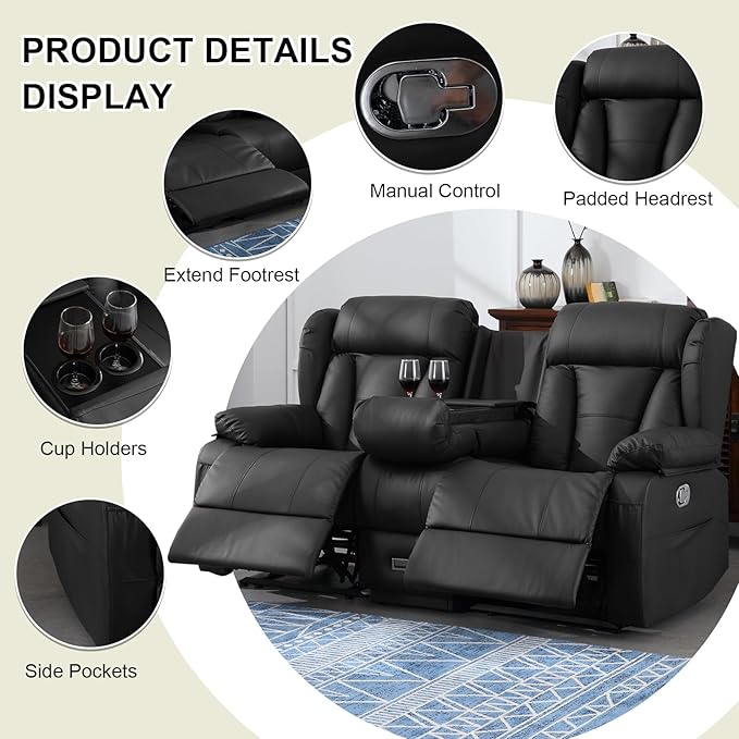 72.8" Manual Reclining Loveseat Sofa - Wall Hugger Double Loveseat Recliner with Console, Fold-Down Table and Built-in Outlets, Manual Recliner Chair for Living Room RVs Home Theater (Black)