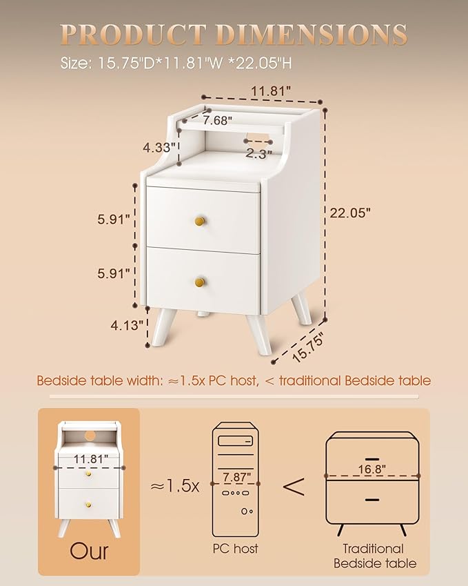 Narrow Nightstand with Drawers, 11.8" Slim Solid Wood Bedside Table with Open Shelf & Cable Hole, Modern Storage Cabinet for Small Spaces, Side Table for Bedroom & Living Room, White