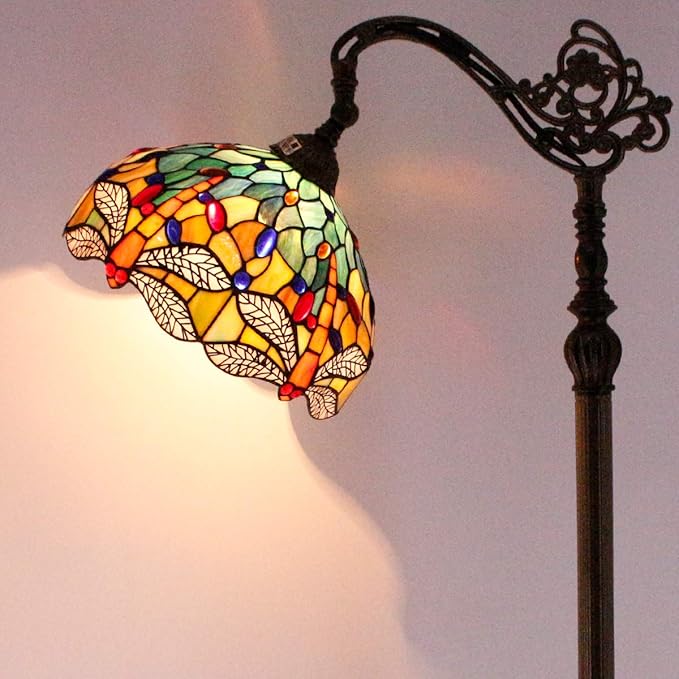 WERFACTORY Tiffany Floor Lamp Sea Blue Yellow Stained Glass Dragonfly Arch Lamp 12X18X64 Inch Gooseneck Adjustable Corner Stand Reading Light Decor Bedroom Living Room S128 Series