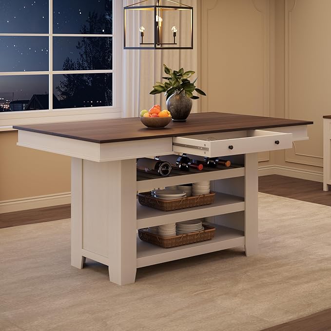 GarveeHome Counter Height Dining Table for 4-6, Wood Bar Height Tall Dining Table with Deepened Wine Rack & 2 Drawers & Shelves, Thick Large Table Top for Kitchen, Bar, Heavy Duty, Retro Brown White