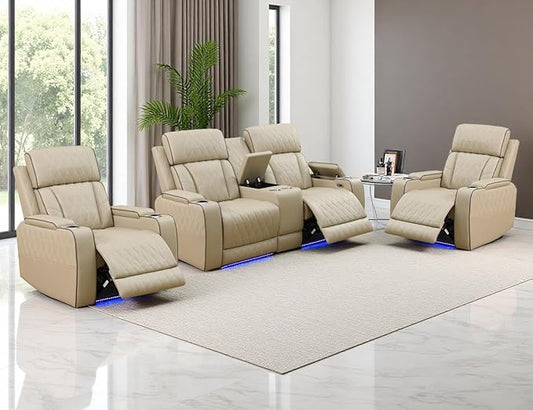 Power Recliner Sofa Set, Leather Reclining Couch Chair Set, Living Room Furniture Sets, Luxury Reclining Loveseat & 2 Chairs with Cup Holders/Storage/Charging for Home Theater/Office, Khaki