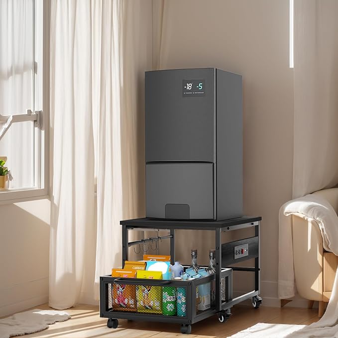 Mini Fridge Stand with Storage and Wheels, Heavy Duty Mini Fridge Table with Power Outlets for 220LBS Refrigerator, Rolling Fridge Cart with Large Capacity Drawer for Dorm,Office,Bedroom (Black)