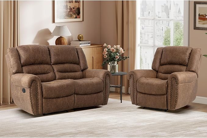 EBELLO Manual Recliner Sofa Set, Faux Leather Reclining Living Room Set, Included Single Recliner Chair and Loveseat Manual Sofa, Brown
