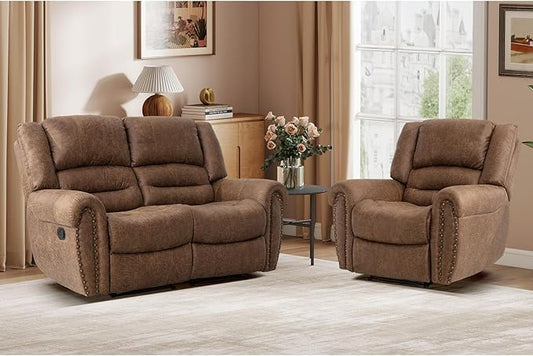 EBELLO Manual Recliner Sofa Set, Faux Leather Reclining Living Room Set, Included Single Recliner Chair and Loveseat Manual Sofa, Brown