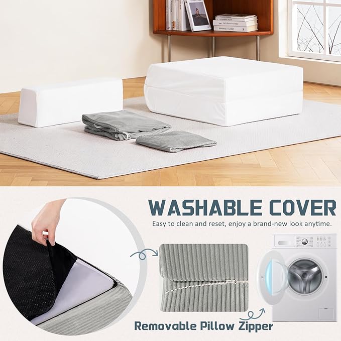 Trenda Folding Sofa Bed, 16lbs Convertible Sleeper Chair with Removable Back Pillow & Handle, Washable Cover Solid Foam Fold Out Chair Bed for Living Room, Apartment, Guest, Single, Light Grey