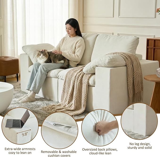 ANONER 78" Loveseat Sofa, Deep Seats, Cloud Sectional Couches for Living Room, 2 Seater Boneless Couch, Modern Modular Loveseats, No Assembly, Beige | Adjustable Backrest, Premium Chenille, 29.3" Deep Seat