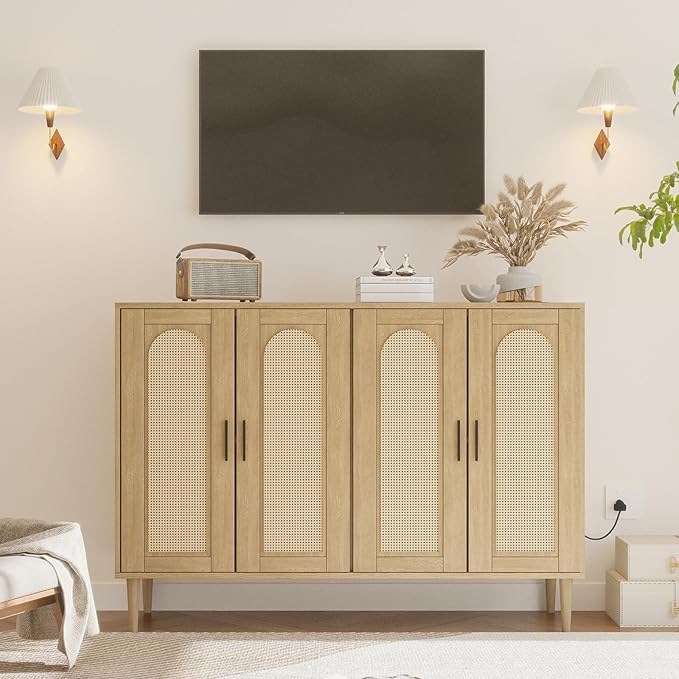 Rattan Sideboard Buffet Cabinet, Boho Accent Storage Cabinet, 4 Doors Console Table Coffee Bar with Power Outlet, Adjustable Shelves for Kitchen, Dining Room, Hallway, Living Room