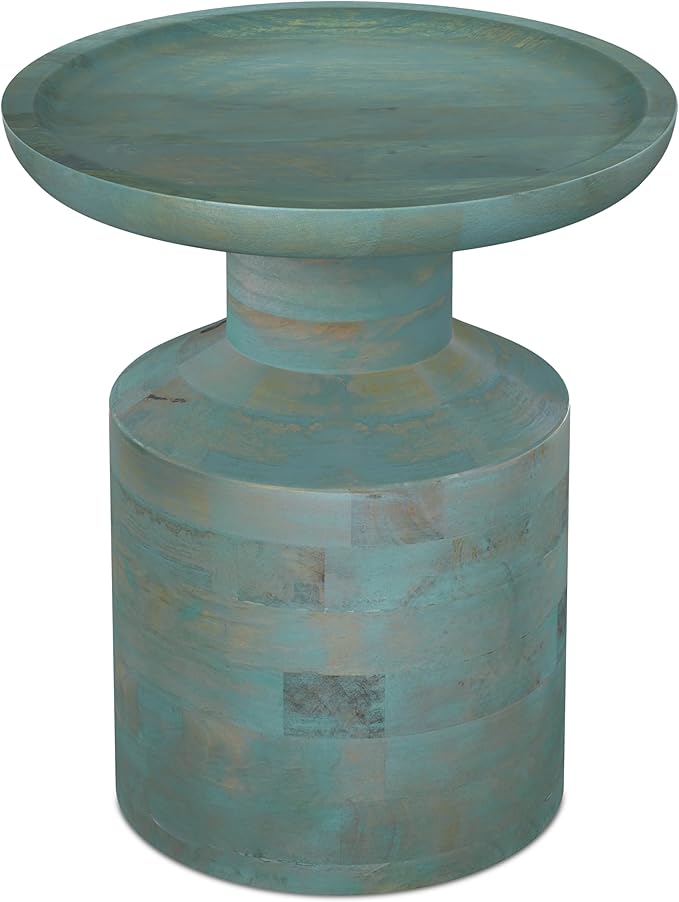 SIMPLIHOME Haynes End Table - 16 inch Wide Solid Mango Wood Round Accent Table with Sculptural Pedestal Base in Teal Wash, Boho Nightstand or Lamp Stand for Living Room or Bedroom, Assembled