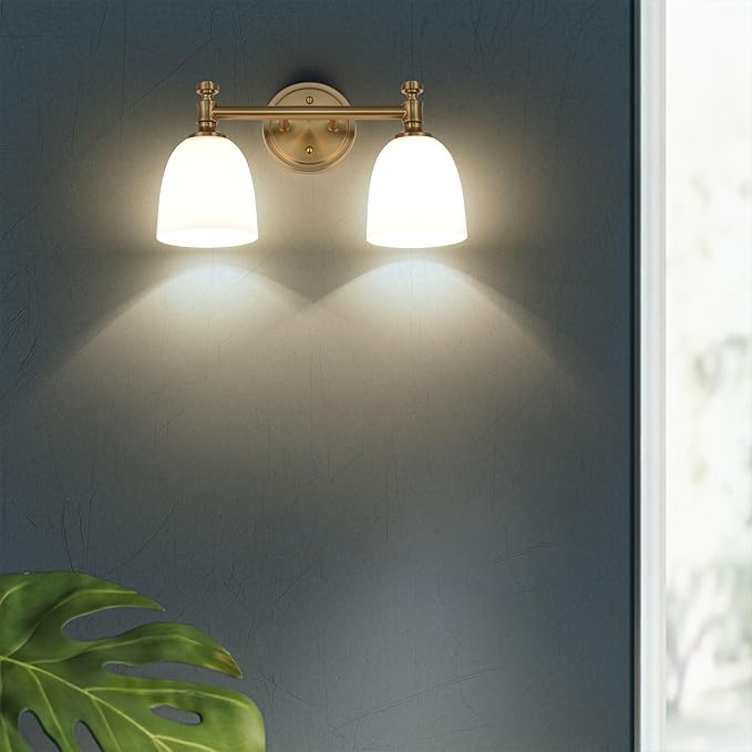 Gold Bathroom Vanity Light Fixtures, 2-Light Bathroom Vanity Light Fixtures Over Mirror, Traditional Vanity Lights for Living Room, Milk White Glass Shades, Standard E26 Base, Aged Brass