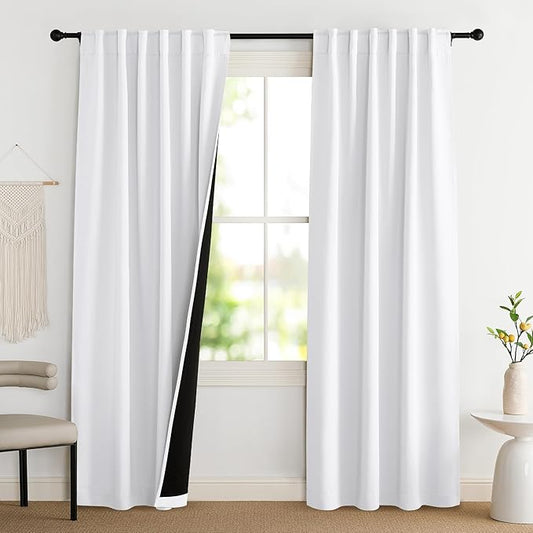 NICETOWN 100% Blackout Window Curtain Panels, Cold and Full Light Blocking Drapes with Black Liner for Nursery, 84 Inches Drop Thermal Insulated Draperies (Pure White, 2 Pieces, 52 inches Wide)