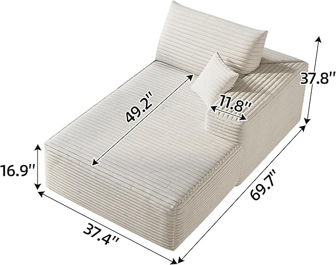 135" U Shaped Boneless Couch with Ottoman, Convertible Sleeper Compression Sofa, Corduroy Couch Sectional for Living Room Bedroom, Deep Seat Foam Cloud Sofas No Assembly, Right Facing Chaise, White