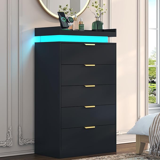 Tall Dresser for Bedroom, Black Dresser with LED Lights, Wood 5 Drawer Chest with Power Outlet, Modern Tall Chest of Drawers for Bedroom, Entryway, Hallway