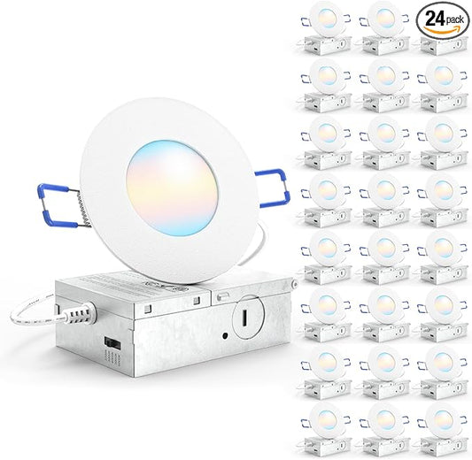 Sunco 24 Pack 3 Inch Recessed LED Lights, Ultra Thin Ceiling Lighting, 500 LM, 8W (50W Equivalent), Selectable CCT 2700K/3000K/4000K/5000K/6000K, Dimmable, Wafer Thin, Canless with Junction Box