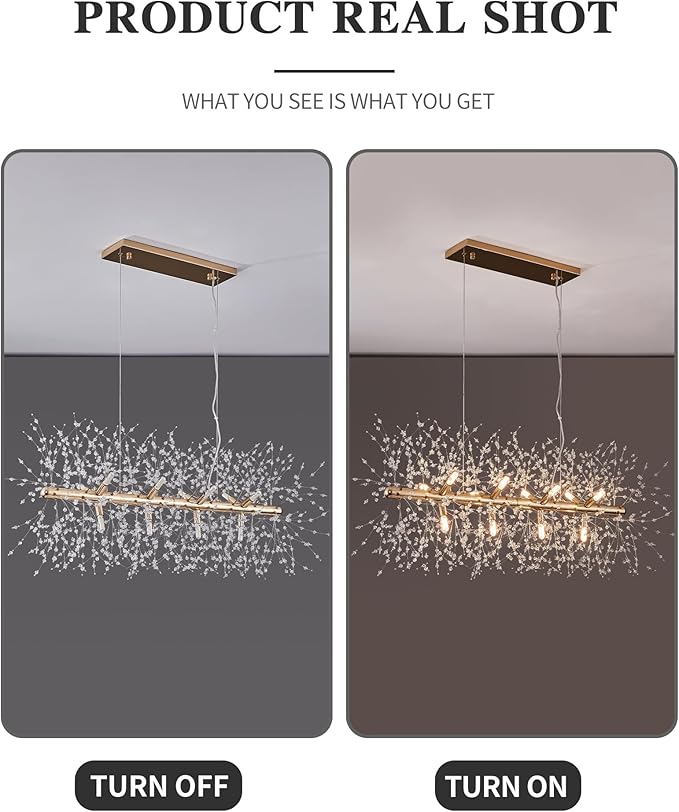 Modern 35.4" Modern Gold Crystal Firework Chandelier, 12-Light Pendant Light Fixture, Rectangle Linear Sputnik Dandelion Chandeliers for Dining Room Kitchen Living Room