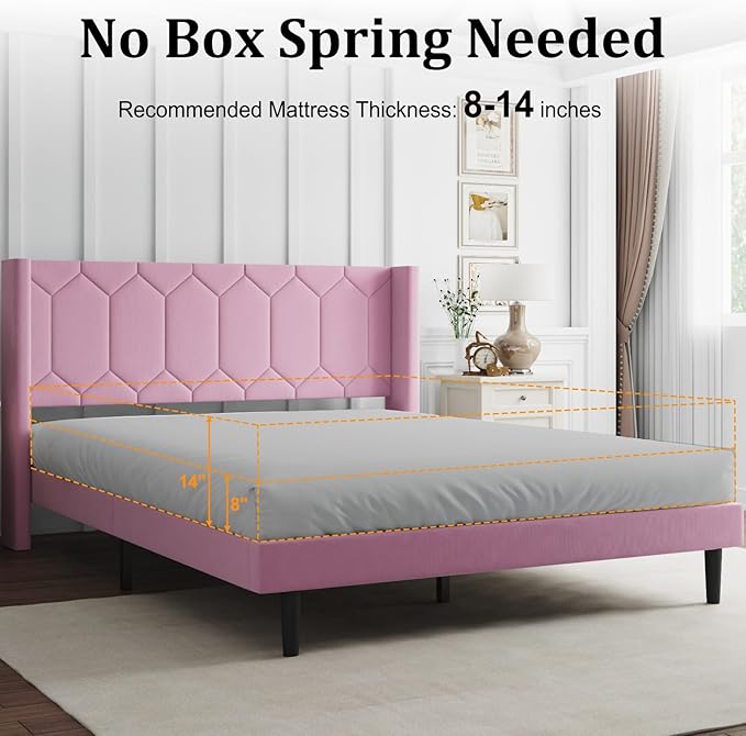 Queen Size Bed Frame with Velvet Upholstered Headboard, Platform Bed Frame No Box Spring Needed, Modern Bedframe with Strong Wooden Slats, Pink