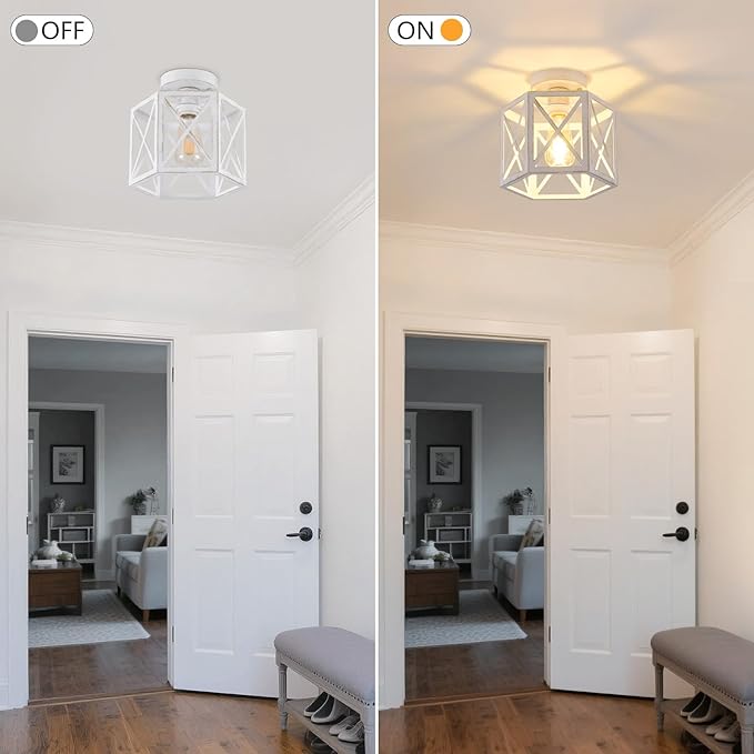 2 Pack White Semi Flush Mount Ceiling Light, Modern Hallway Light Fixture, Vintage Metal Hexagonal Ceiling Lamp for Kitchen Entryway Porch