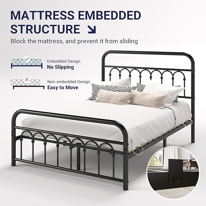 Allewie 14 Inches Full Size Metal Platform Bed Frame with Victorian Style Curved Iron-Art Headboard/Footboard, Metal Slats Support, Easy Assembly, Under Bed Storage, No Box Spring Required, Black
