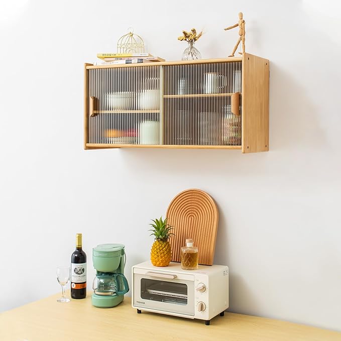 Tiita Small Kitchen Pantry Cabinet, Bamboo Wall Sideboard with Glass Doors, Cupboard Food Pantry Cabinet for Kitchen, Living Room and Dinning Bedroom