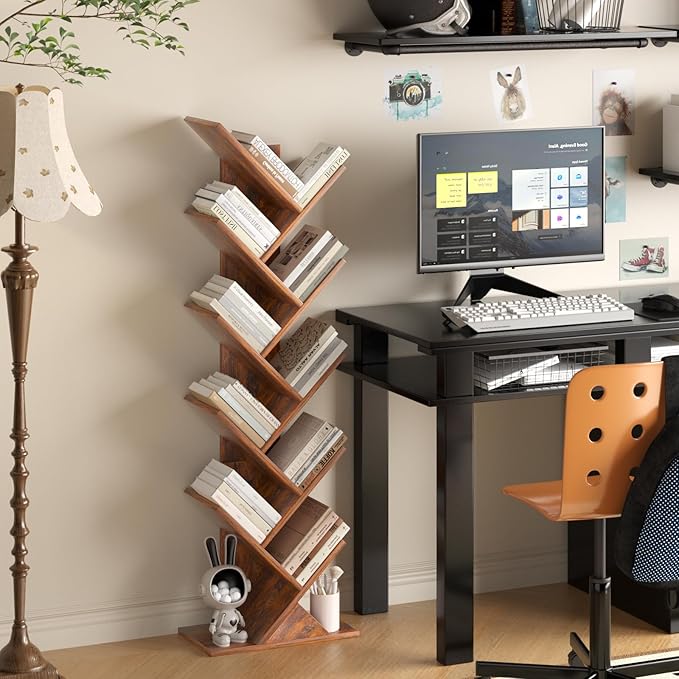 10 Tier Tree Book Shelf, Floor Standing Wood Bookshelf for Narrow Space, Storage Organizer Bookshelves for Books/CDs/Magazine, Bookcase with Shelves for Home Office, Living Room - Brown