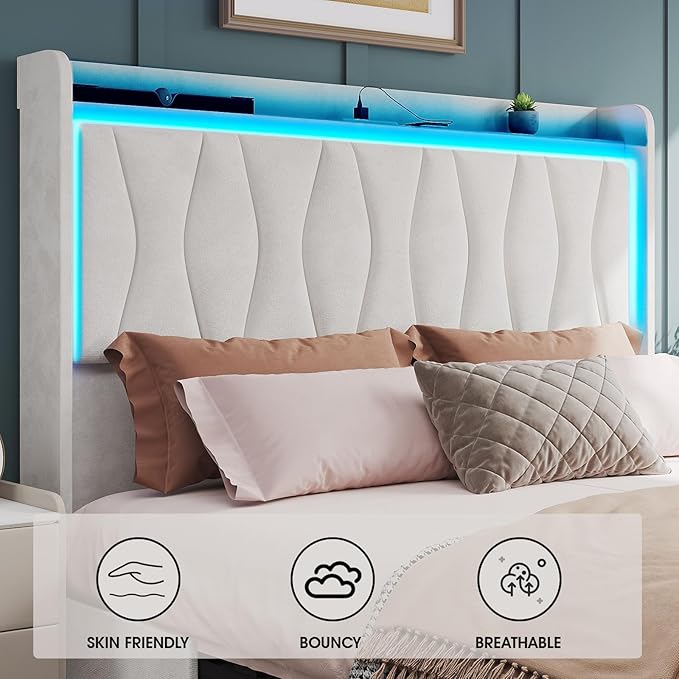 Fameill Full Size Bed Frame with LED Light and 3 Drawers Storage, Upholstered Velvet Platform Bed Frame with Charging Station, Wingback Tall Headboard, No Box Spring Needed, Beige