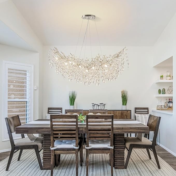 Modern Chrome Rectangular Chandelier for Living Room, 55" Luxury K9 Crystal Raindrop Light Contemporary 16 Light Tree Branch Chandelier for Kitchen Island, Living Room, Dining Room