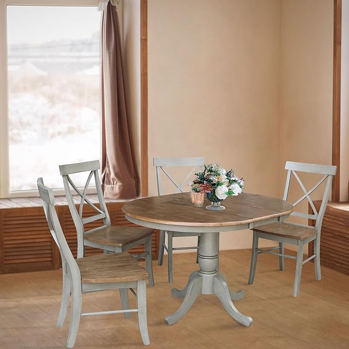 IC INTERNATIONAL CONCEPTS 36" Round Wood Distressed Hickory/Stone Extension Dining Table with 4 Chairs
