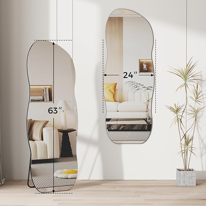 QDSSDECO Full Length Mirror with Bracket 63"x24" Irregular Wall Mirror Wave Frameless for Living Room Bathroom Bedroom Entryway Decor