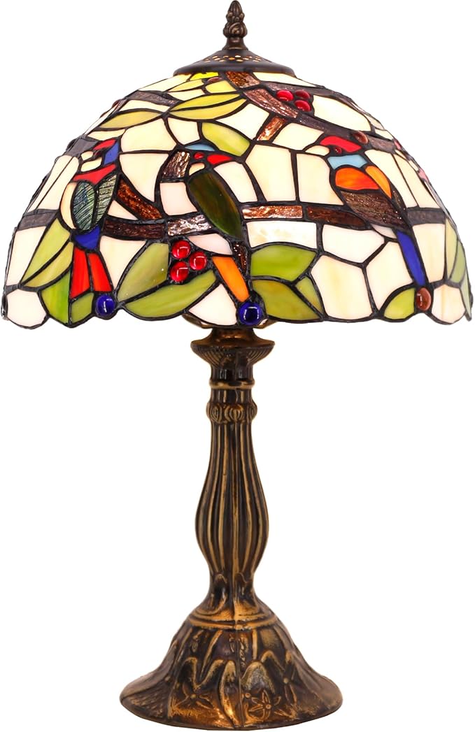 WERFACTORY Tiffany Table Lamp Mix Color Stained Glass Bedside Lamp Double Birds Reading Desk Light 12X12X18 Inches Decor Bedroom Living Room Home Office S805 Series