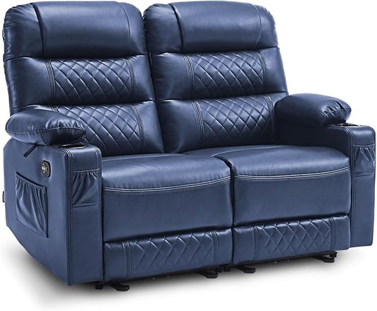 MCombo 56.3" Zero Gravity Power Loveseat Recliner with Heat and Vibration Massage, Reclining Loveseat Sofa with USB Ports, Cup Holders for Living Room, Faux Leather PR622Sets (Navy Blue)