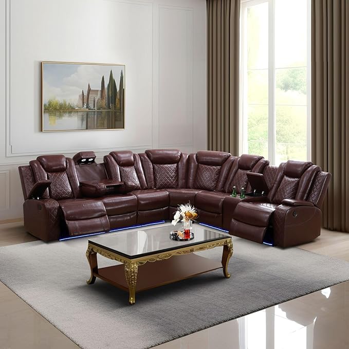 Power Recliner Sectional Couch with LED, Leather Reclining Sofa for Living Room, Muti-Functional Recliner Corner Sofa with Storage Console/Cup Holders/USB Ports (Dark Red, SECTIONAL)