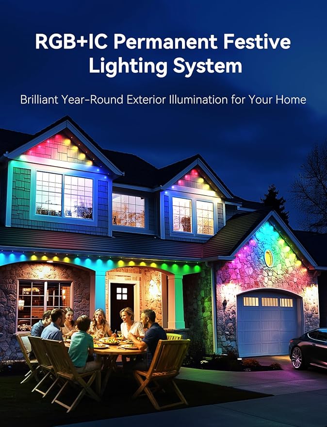 Permanent Outdoor Lights for House, RGB+IC IP67 Waterproof Smart Eave Lights 150ft with 108 LED, Eternity Lighting for Holiday Daily Decor, Work with Remote, APP