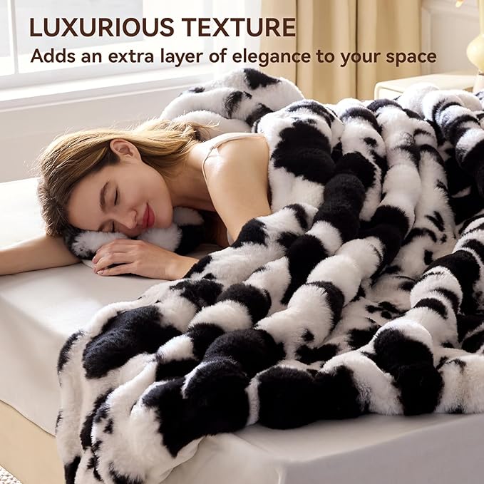 Faux Fur Throw Blanket, 1000GSM Fluffy Soft Bubble Blanket for Couch Bed, Cozy Plush Warm and Thick Blanket, Fuzzy Rabbit Throw for Living Room Bedroom 90''*104'' Cow Black