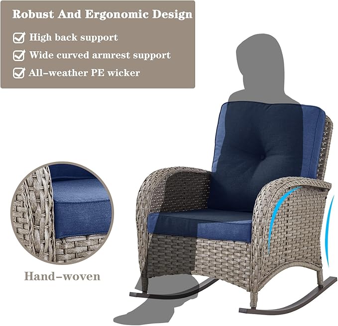 Belord 6 Pieces Wicker Patio Furniture Set with Patio Rocking Chairs, High Back Patio Conversation Set Outdoor Loveseat Glider with Ottoman and Rattan Side Table for Deck Sunroom Backyard