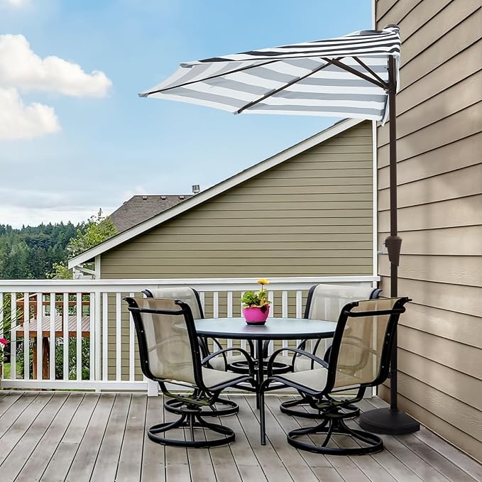 JEAREY 9ft Half Umbrella Outdoor Patio Umbrella Market Umbrellas with Crank, 1/2 Round Wall Umbrella 5 Sturdy Ribs UV Protection for Pool Garden Balcony Deck, Black & White Strip