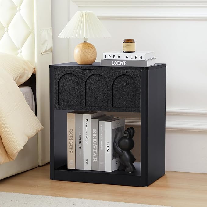 Small Nightstand with Storage, Accent Bedside Nightstand with Drawer, Mid Century Modern Bedroom Bed Side Table for Small Spaces, Dorm, Living Room, Couch Sofa Chair, Office - Black