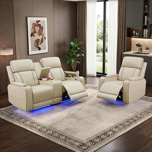 Power Leather Recliner Sofa Set with LED Light,Reclining Loveseat and Chair Set with Storage Console/USB Charger/Cup Holder,Leather Couch for Living Room Furniture Sets(2+1 Seats,Beige)