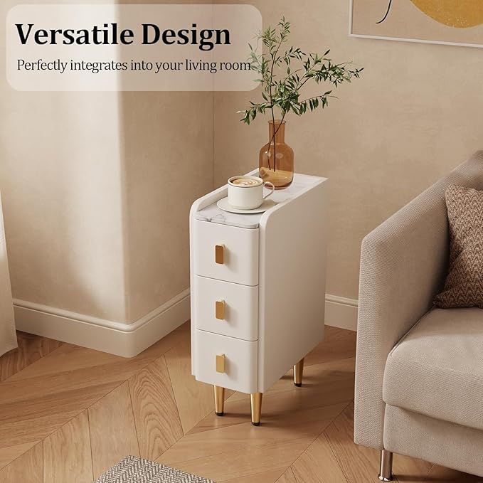 AQIMUELE Narrow Nightstand with Drawers, Narrow Side Table Leather, Small Bedside Tables for Bedroom. (White)