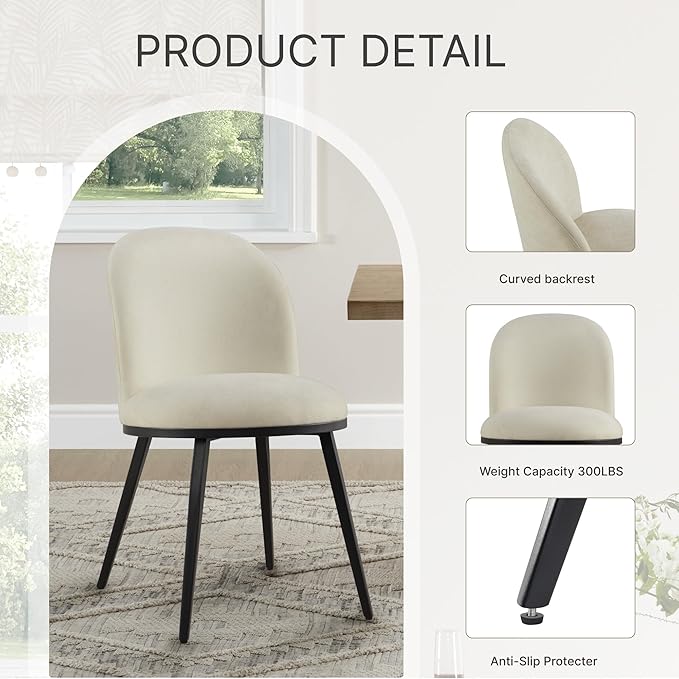 Dining Chairs Set of 6, Fabric Upholstered Dining Room Chairs with Ergonomic Backrest & Metal Legs, Modern Kitchen Side Chairs for Home, Restaurant, and Café, Coconut, 2 Boxs