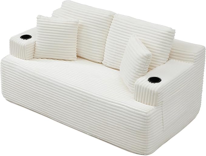 Floor Loveseat Boneless Sofa Couch in a Box with Cup Holder and Side Pockets, Corduroy Upholstered 2 Seater Cloud Foam Sofa with Deep Seating for Living Room, No Assembly | Breathable material, Cupholders