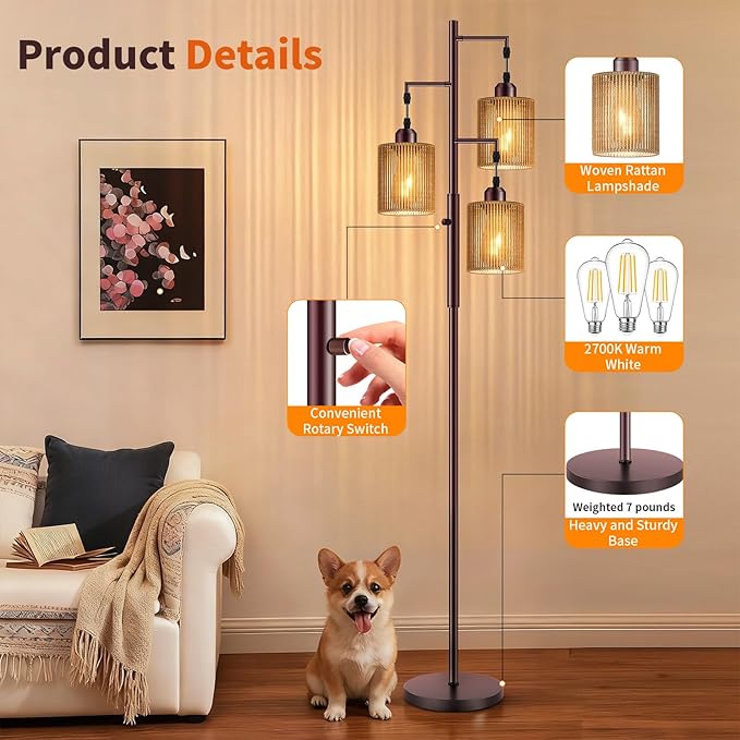 Hotsonic 72" Rattan Boho Floor Lamp, Tall Dimmable Standing Lamp with Handcrafted Brown Shades, Industrial Tree Floor Lamps for Living Room, Bedroom, Study Room, Office (3 x 800LM LED Bulbs Included)