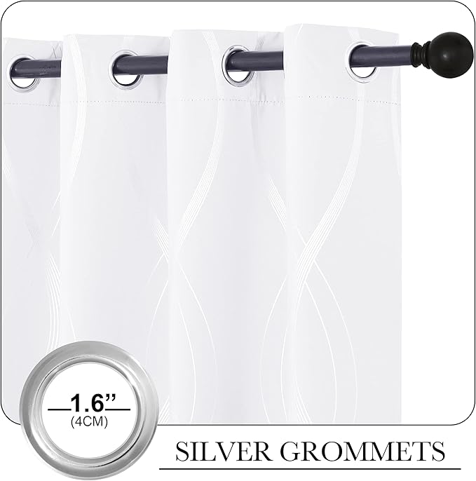 NICETOWN White Curtains Panels for Bedroom 2 Panles Set, 52 inch x 84 inch, Wave Line Foil Print Design Curtains for Patio Sliding Door