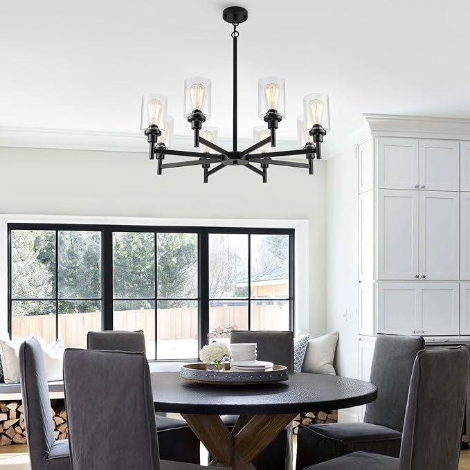 Black Chandeliers for Dining Room Light Fixture, Modern Farmhouse Chandelier, 8 Lights with Clear Glass Shade Industrial Hanging Lighting for Living Room Kitchen Island Bedroom