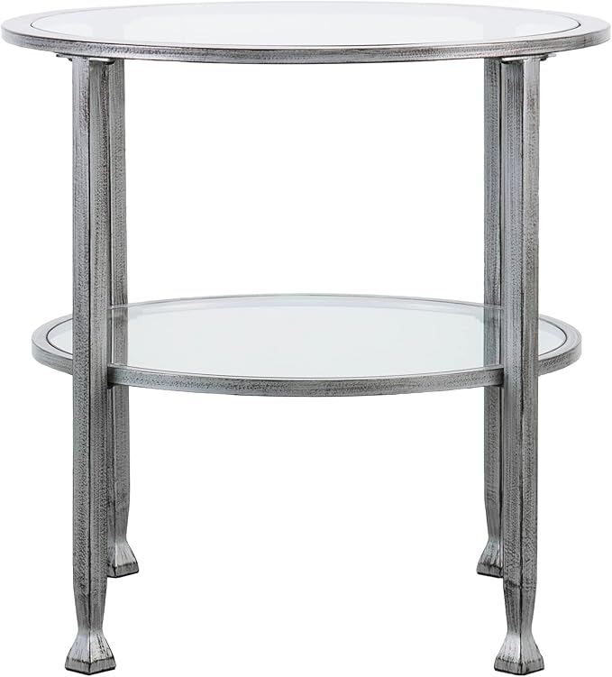 SEI Furniture Jaymes 24" Round Metal & Glass 2-Tier, End Table, Silver/Black Distressing