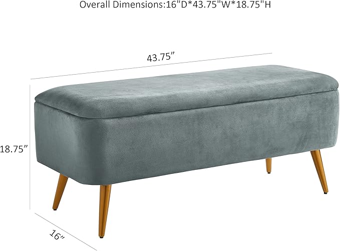 Ball & Cast Upholstered Velvet Storage Bench 44"W x 16"D x 18"H Grey,Golden Powder Coating Legs Set of 1