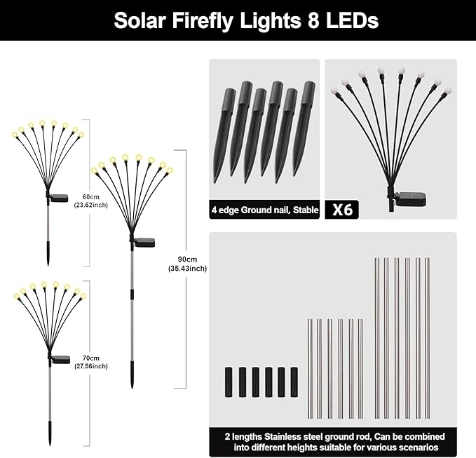 Swaying Solar Firefly Lights Outdoor, 8 Modes 800mAh Firefly Swaying Solar Garden Lights Waterproof for Outside Yard Patio Pathway Christmas Garden Decor Warm White(6 Pack)