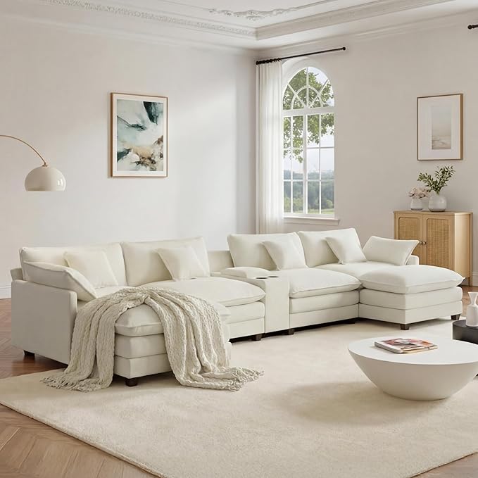 157" Oversized Modular Sectional Sofa with Storage Console,U-Shaped Cloud Couch with Movable Ottoman,Deep Seat,Thick Cushions, Multi Functional Console with USB & 2 Cup Holder,Sofa Set for Living Room | Wood Frame