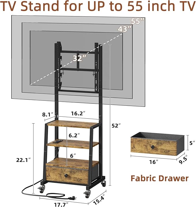 Rolling TV Stand with Wheels and Mount & Fabric Drawer - Entertainment Center with Power Outlet and Small TV Stand for Bedroom, Living Room - 15" Rustic Brown