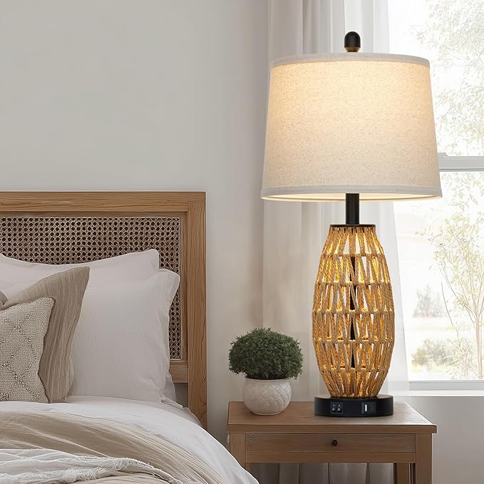 27" Rattan Table Lamps Set of 2, Boho Bedside Lamp for Bedroom with Night Light, Coastal Woven Wicker Nightstand Lamps with USB A+C Charging Port, Tall Farmhouse Living Room Lamp