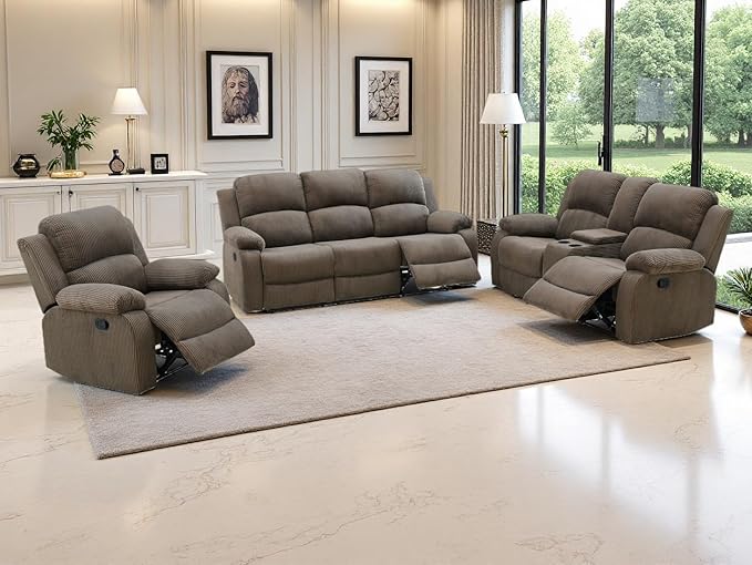 Peanut Brown Corduroy Manual Reclining Sofa Set with Recliner Seats, Living Room Furniture Sets, 3PCS Recliner Sofa with Drop-down Table, Cup Holders and Storage Console for Living Room,Office