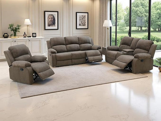 Peanut Brown Corduroy Manual Reclining Sofa Set with Recliner Seats, Living Room Furniture Sets, 3PCS Recliner Sofa with Drop-down Table, Cup Holders and Storage Console for Living Room,Office